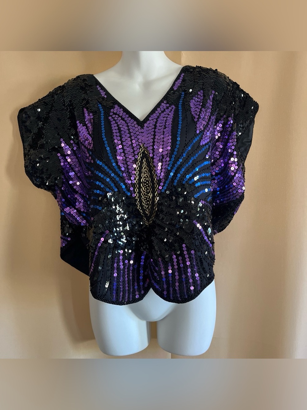 Unique Vintage Black Sequin Crop Top with Purple & Blue Accents